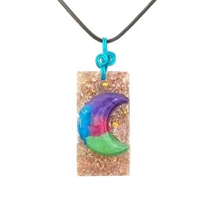 Multicolored moon and gold opalescent glitter pendant on black cord necklace new